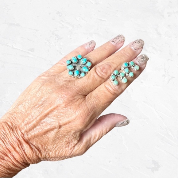 Sterling Silver & Turquoise Jewelry Set Adjustable Ring (Size 8) + Earrings - Picture 2 of 9